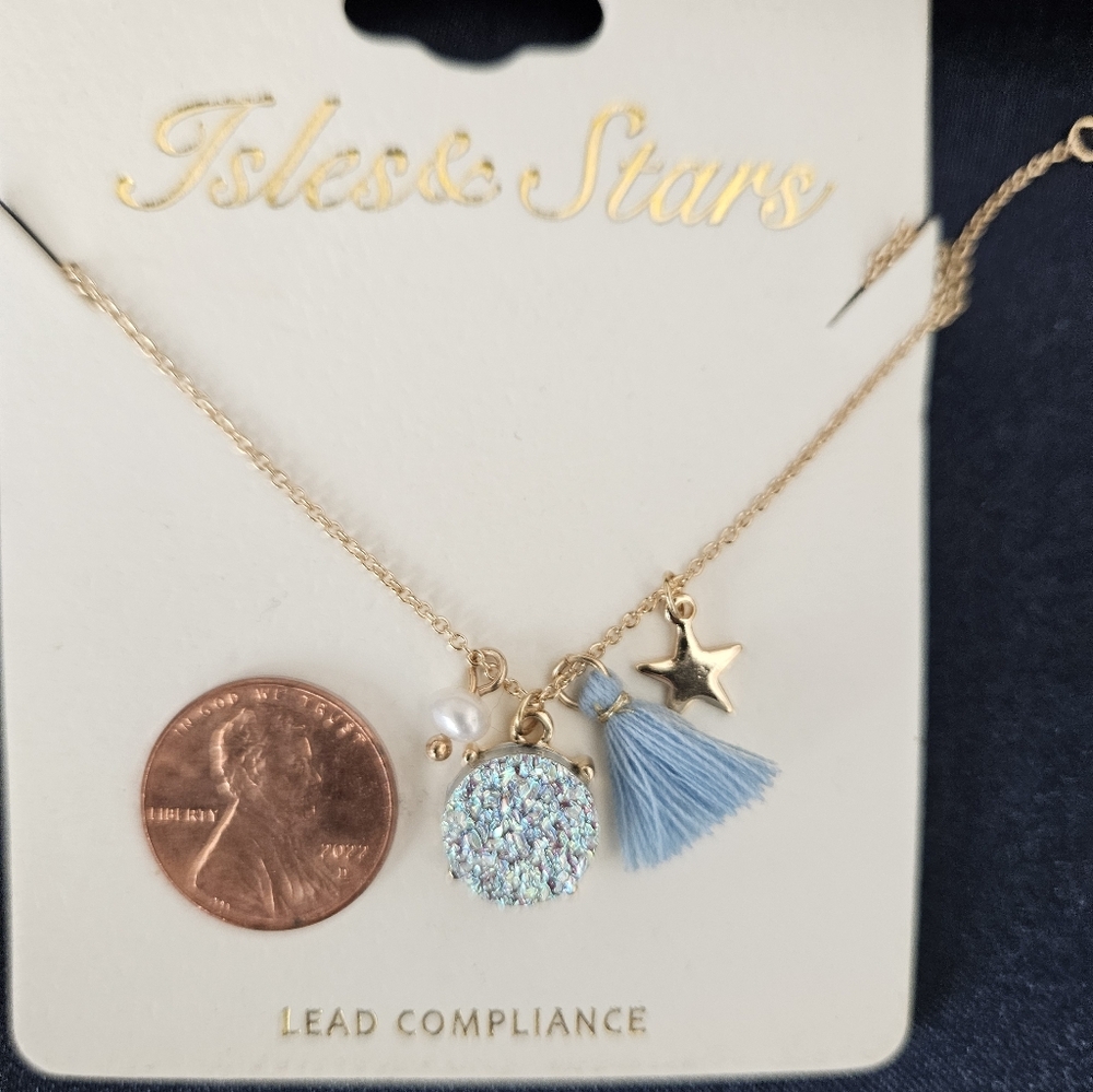 Necklace with 4 charms including blue druzy style stone on gold chain - NEW